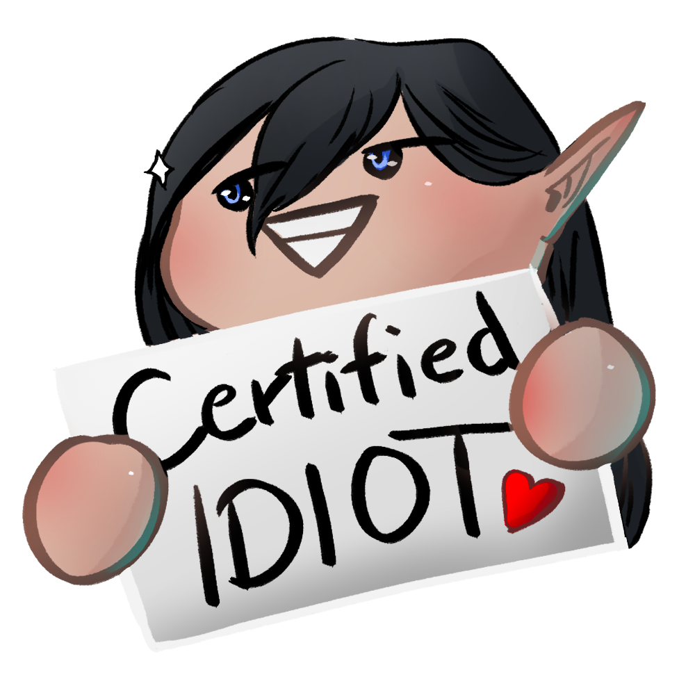 Ein Cartoon-Elf hält ein Schild mit der Aufschrift „Zertifizierter Idiot“ und einem Herz. Er hat einen selbstgefälligen Gesichtsausdruck und errötet.