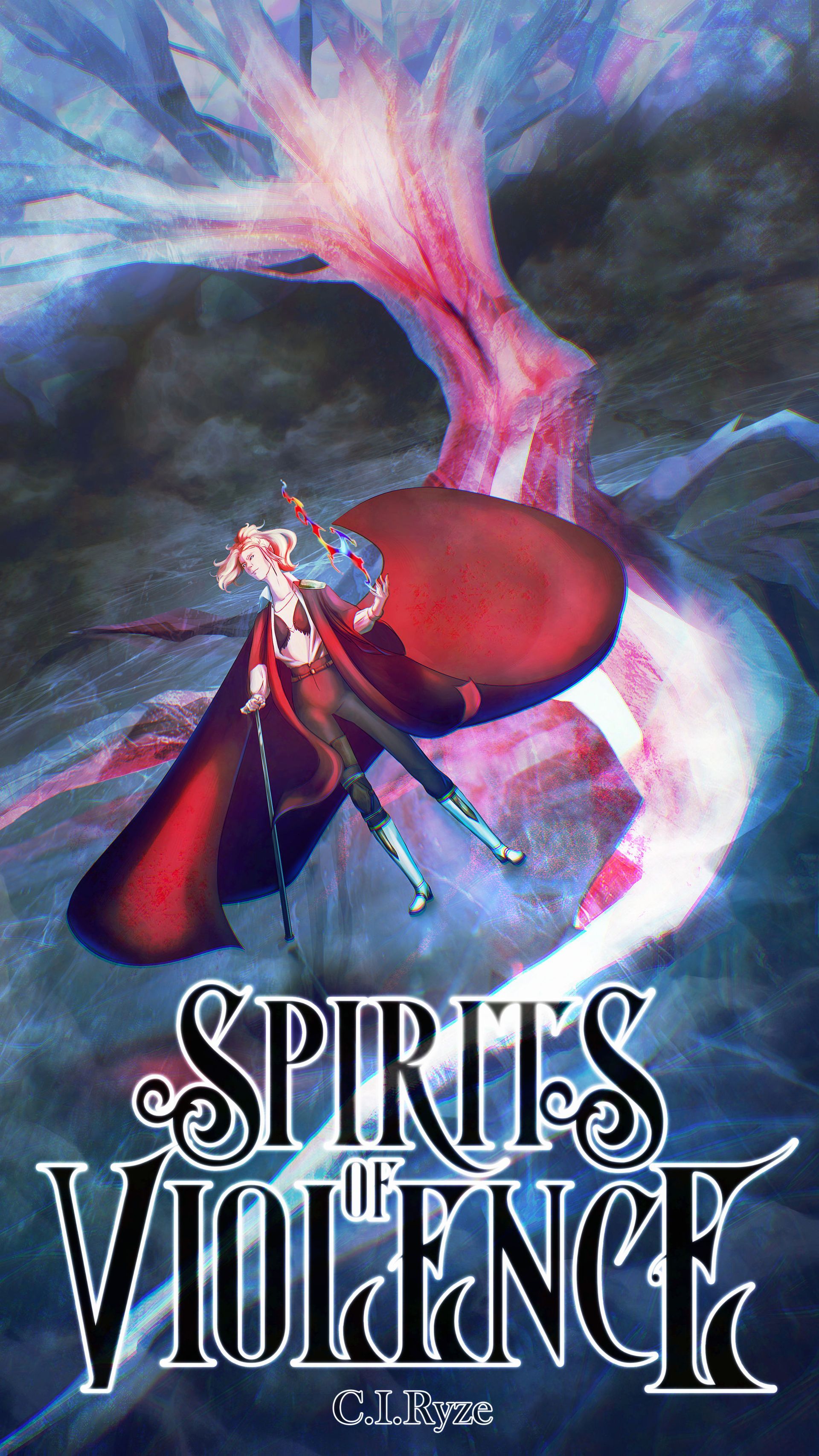 Stachelige Kreatur auf einer roten Kugel, wirbelnde blau-rosa Energie, darunter der Titel „Spirits & Violence“.