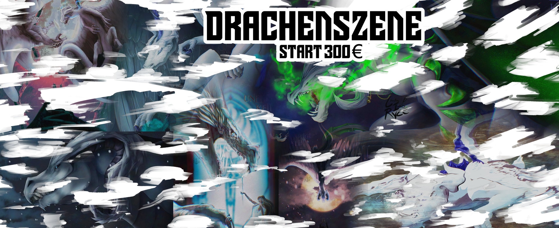 Digitale Kunst mit pixeligen Wolken über farbenfroher abstrakter Kunst. Text „Drachenszene“ und Beschriftung „Start 300€“.