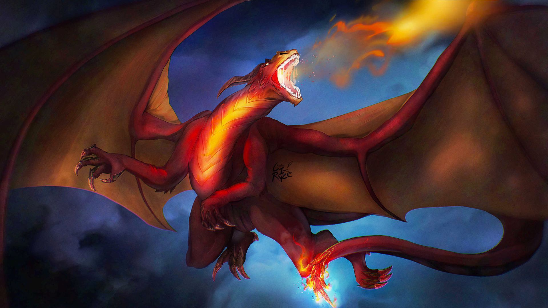 Ein roter Drache speit im Flug Feuer vor einem dunkelblauen Himmel