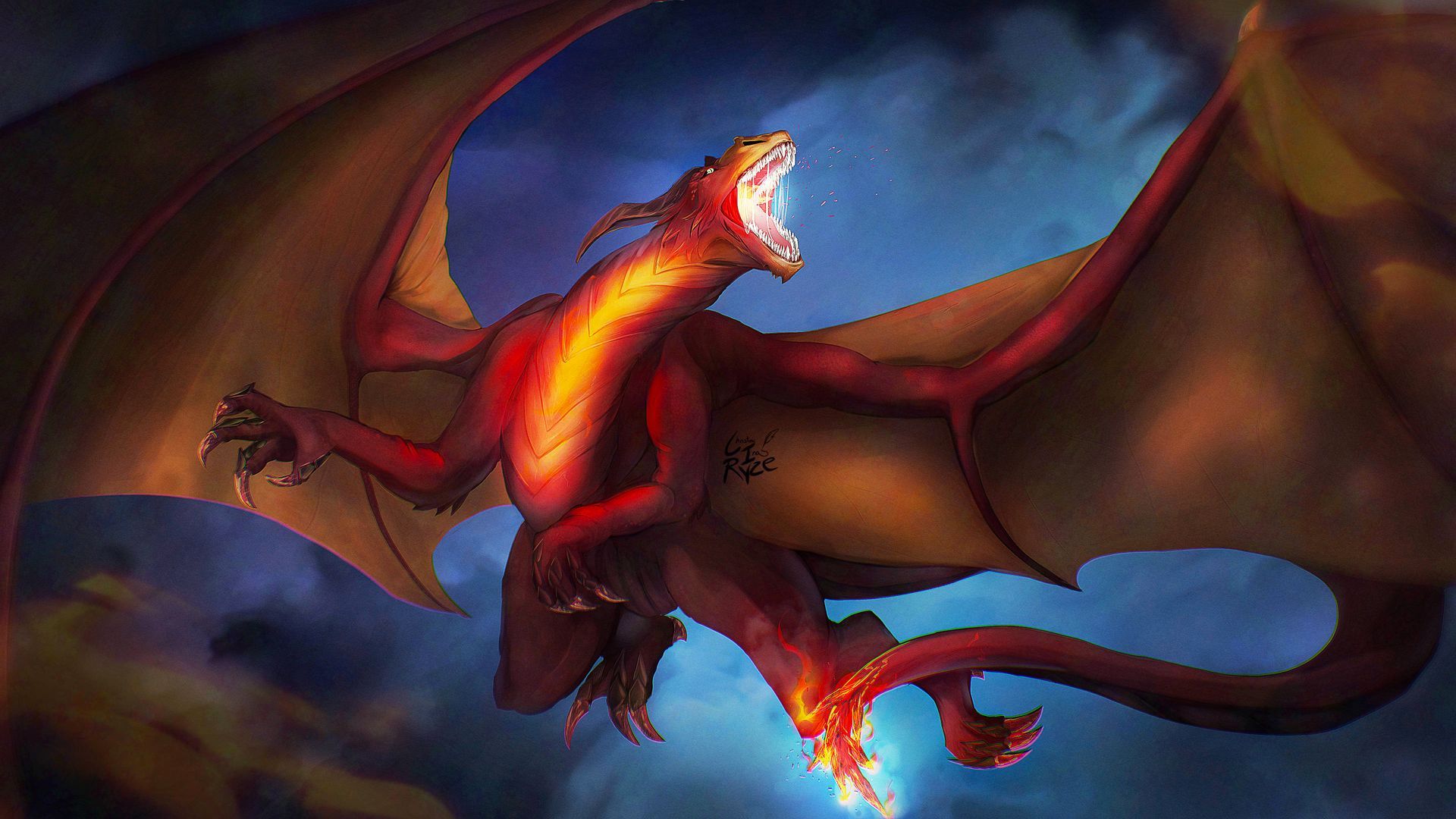 Ein feuerroter Drache brüllt mit ausgebreiteten Flügeln am bewölkten Himmel.