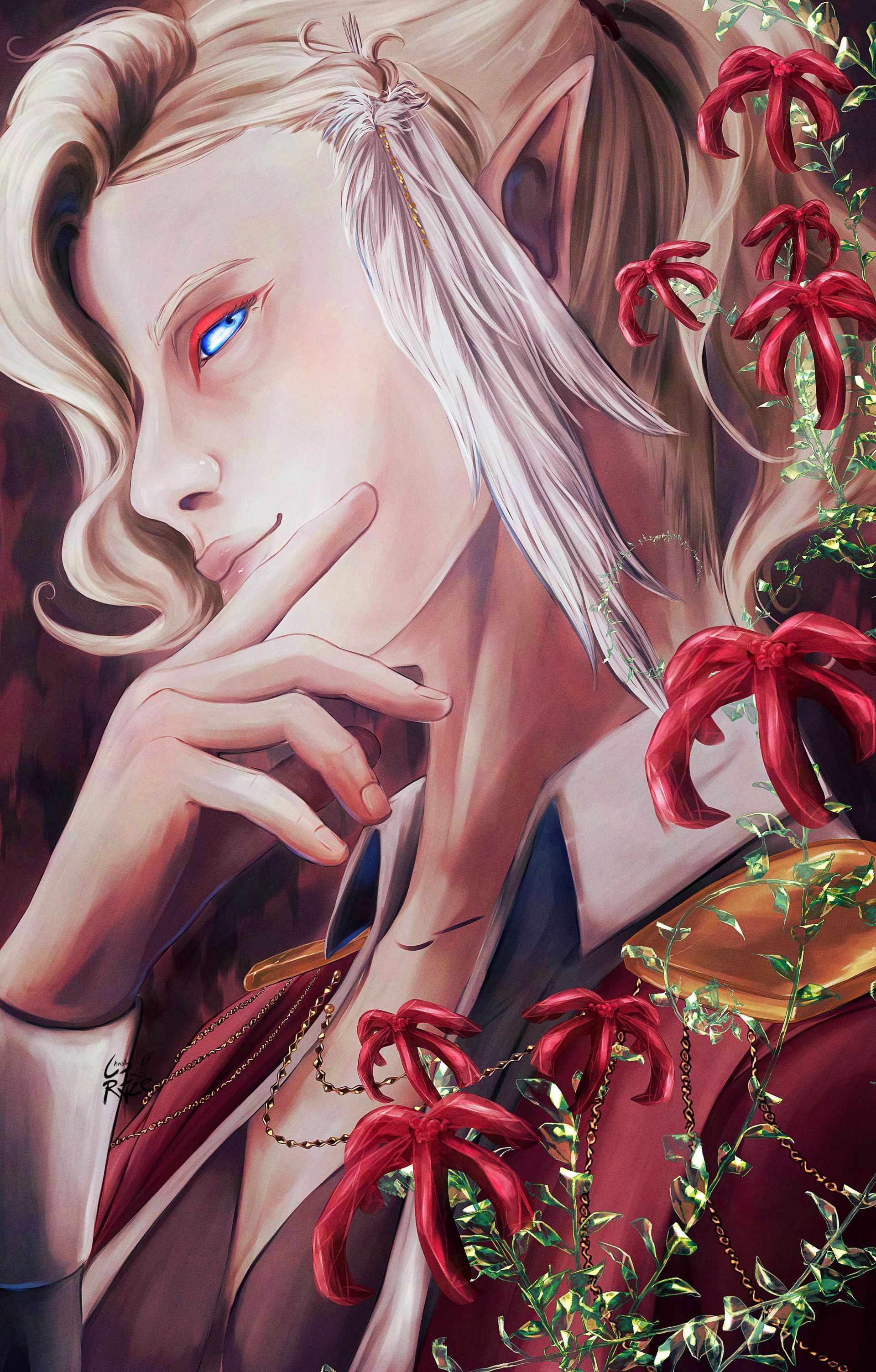Elfe mit blasser Haut, blauen Augen und weißem Haar, rote Blumen umrahmen das Porträt.