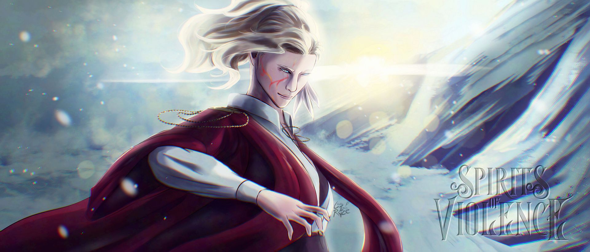 Stilisierte Illustration einer weißhaarigen, gepanzerten Figur in einem roten Umhang, die vor einem strahlend blauen Himmel und fließender Energie steht.