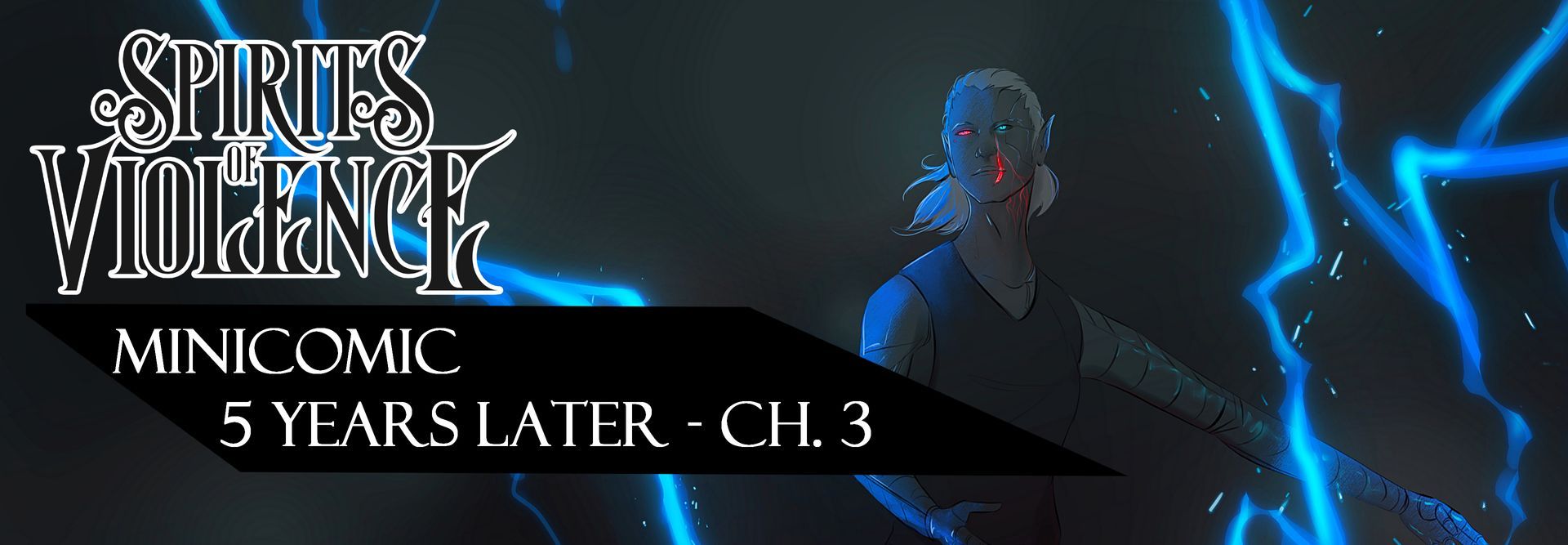 Comic-Titel: „Geister der Gewalt“. Figur im blauen Blitz, Kapitel 3.