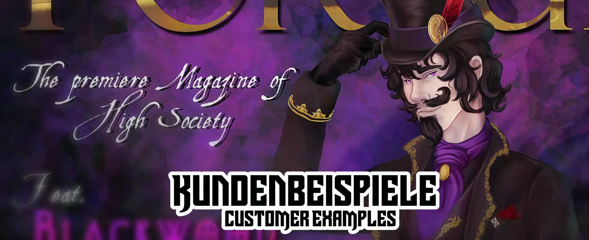 Stilisiertes Anime-Mädchen in Lila vor lila Hintergrund mit dem Text „Kundenbeispiele / custom examples“.