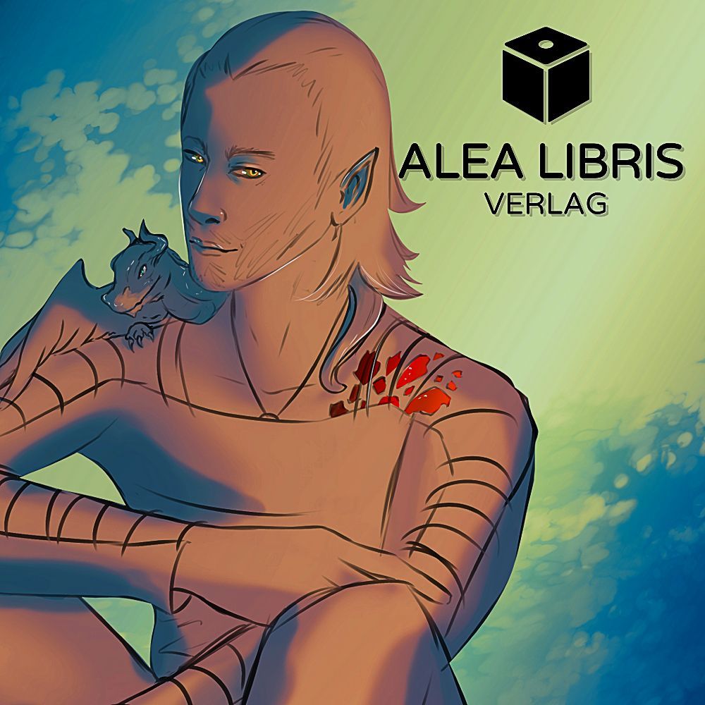 Eine Zeichnung eines Mannes mit einem Drachen auf der Schulter und dem Logo des alea libris verlags