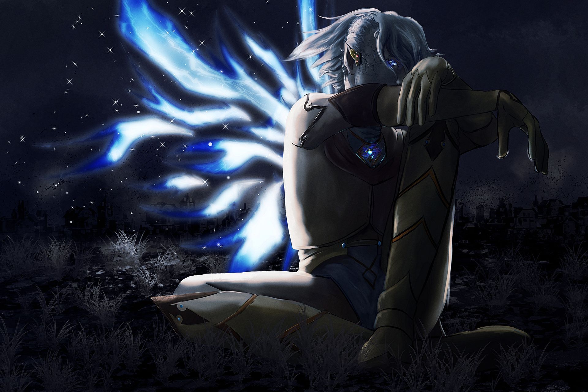 Anime-Figur mit leuchtend blauen Flügeln, die in einer dunklen, sternenklaren Nachtszene kniet