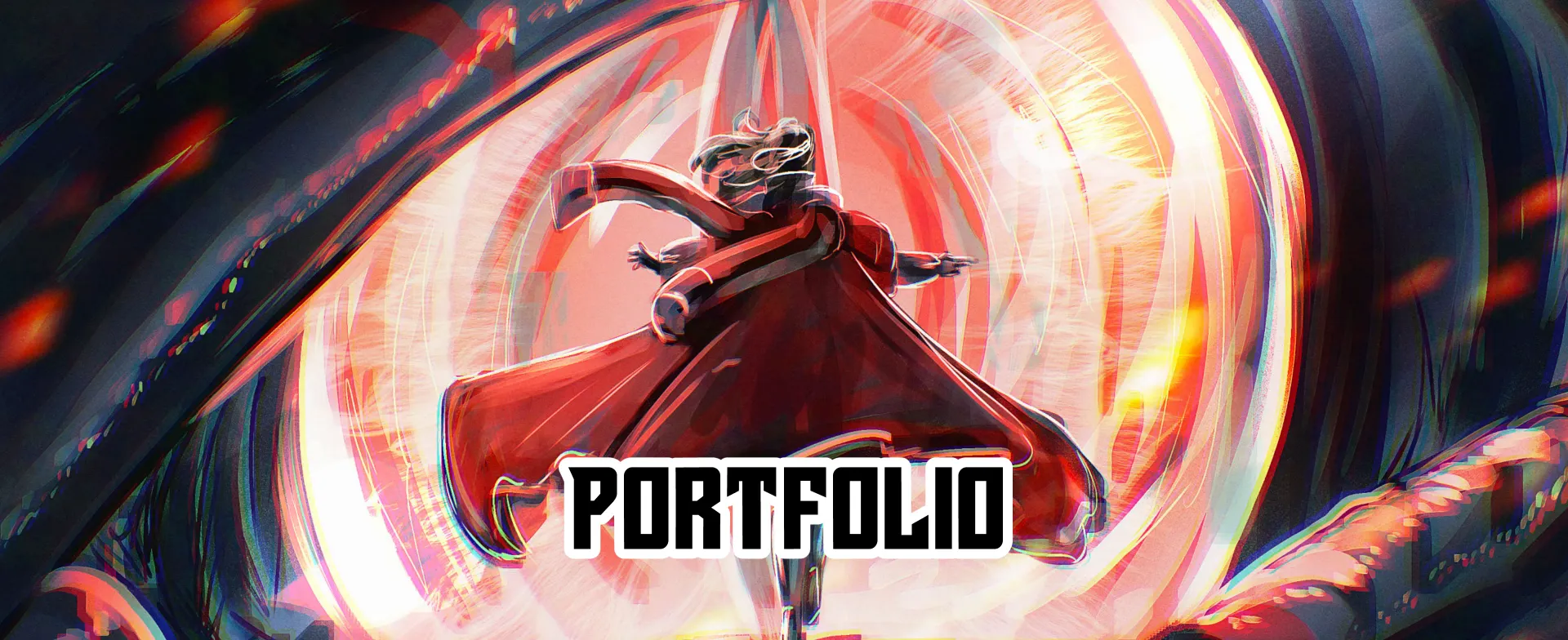 Anime-Figur in Rot und Schwarz mit dem Schriftzug PORTFOLIO vor einem wirbelnden, abstrakten orangefarbenen Hintergrund