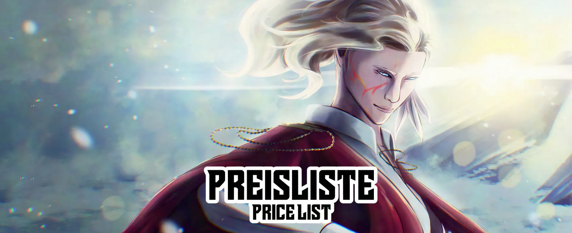 Stilisiertes Fantasy-Charakterporträt mit dem Wort „PREISLISTE“ in der Mitte des Bildes.