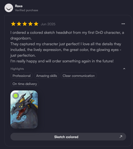 Eine Rezension mit düsterem Thema lobt einen individuell gestalteten Drachen-Skizzenbuchumschlag mit einer Miniaturansicht einer farbenfrohen Drachenillustration.