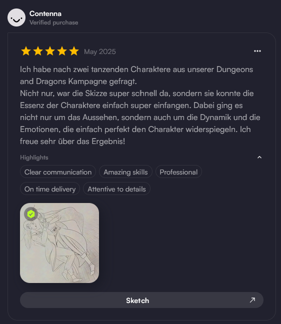 Screenshot einer deutschen Rezension mit 5 Sternen, handgeschriebener Skizze als Miniaturansicht und Text, der Kommunikation und Professionalität lobt