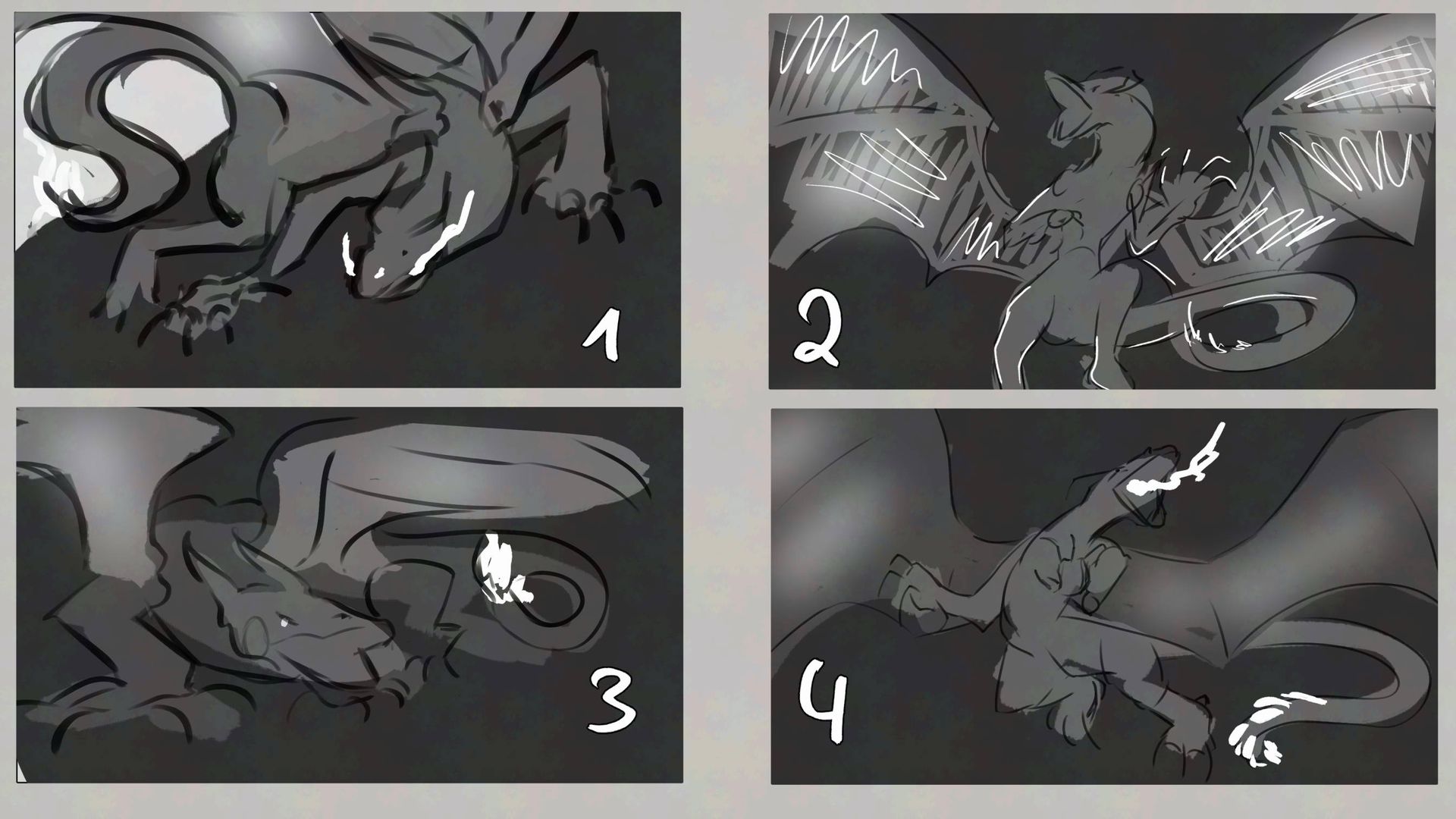 Vier Graustufen-Drachenillustrationen, jede in einer anderen Pose vor dunklem Hintergrund.