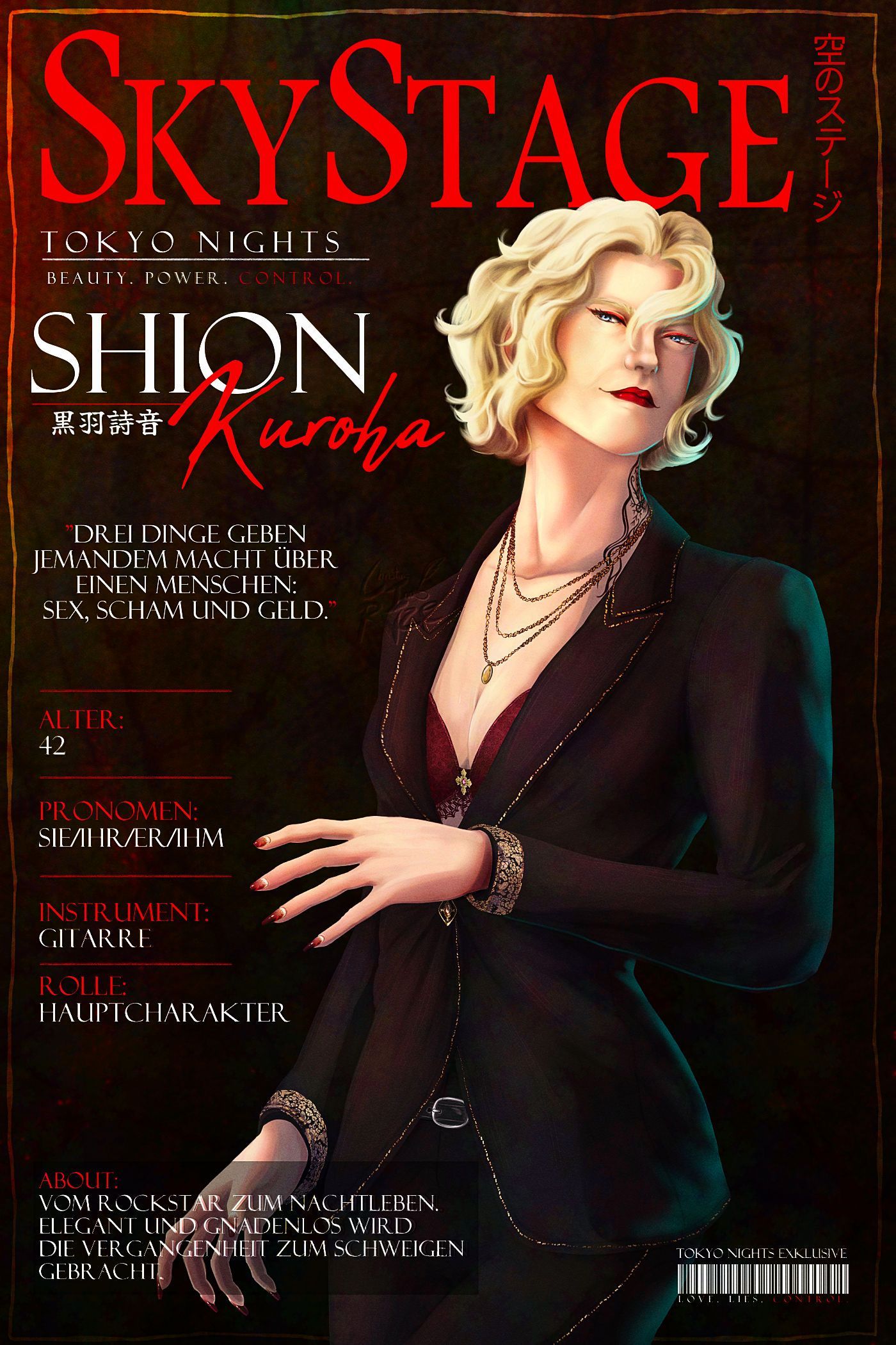 Magazincover mit einer blonden Frau in schwarzem Outfit vor dunkelrotem Hintergrund.