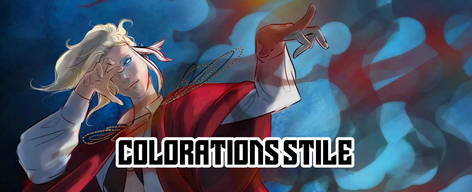 Kämpfer im Anime-Stil mit weißen Haaren und rotem Outfit, posiert inmitten blauer und roter Bewegungsstreifen; Text lautet „COLORATIONS STYLE“