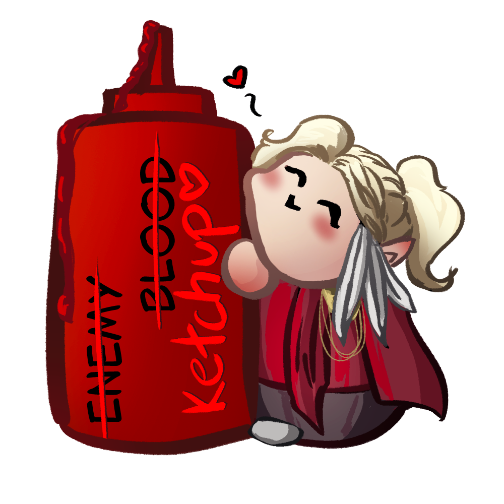 Eine Figur umarmt eine Ketchupflasche mit der Aufschrift „Feindblut-Ketchup“, darüber befinden sich Herzen.