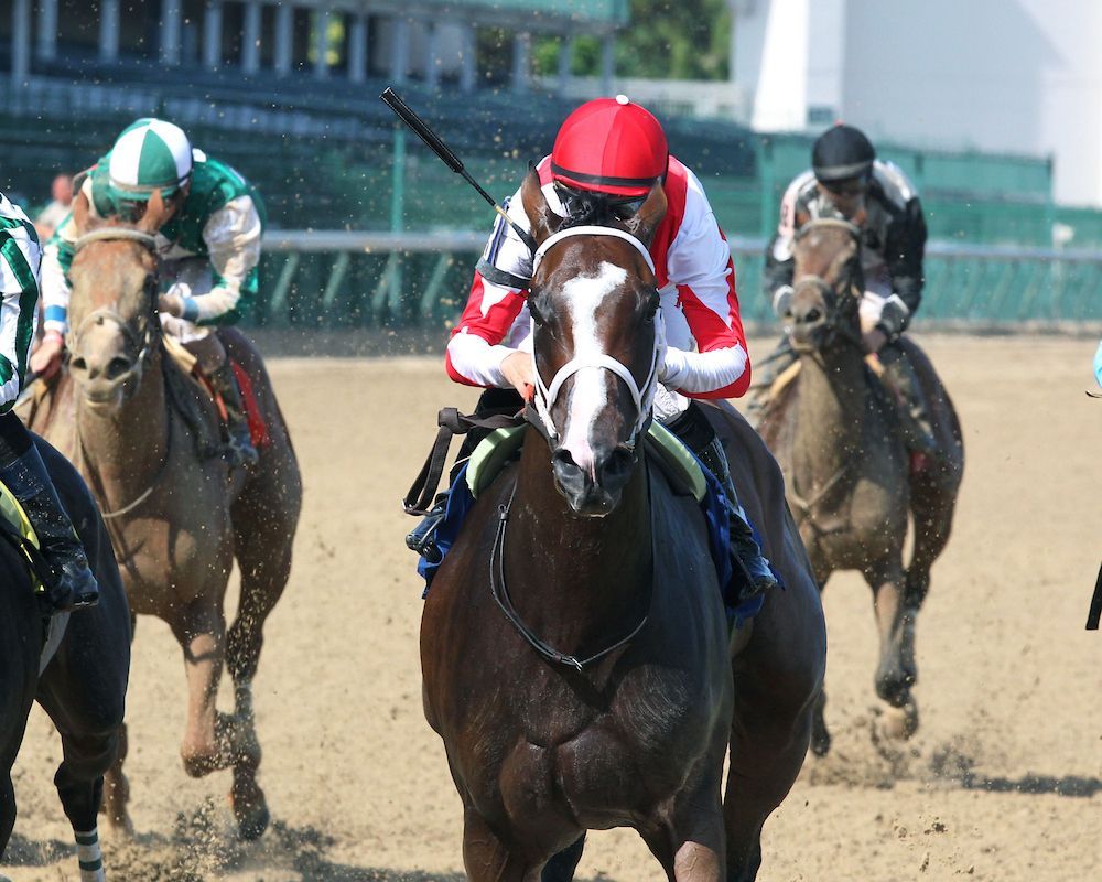 Two racehorses compete on a dirt track, with jockeys in colorful uniforms riding toward the right.