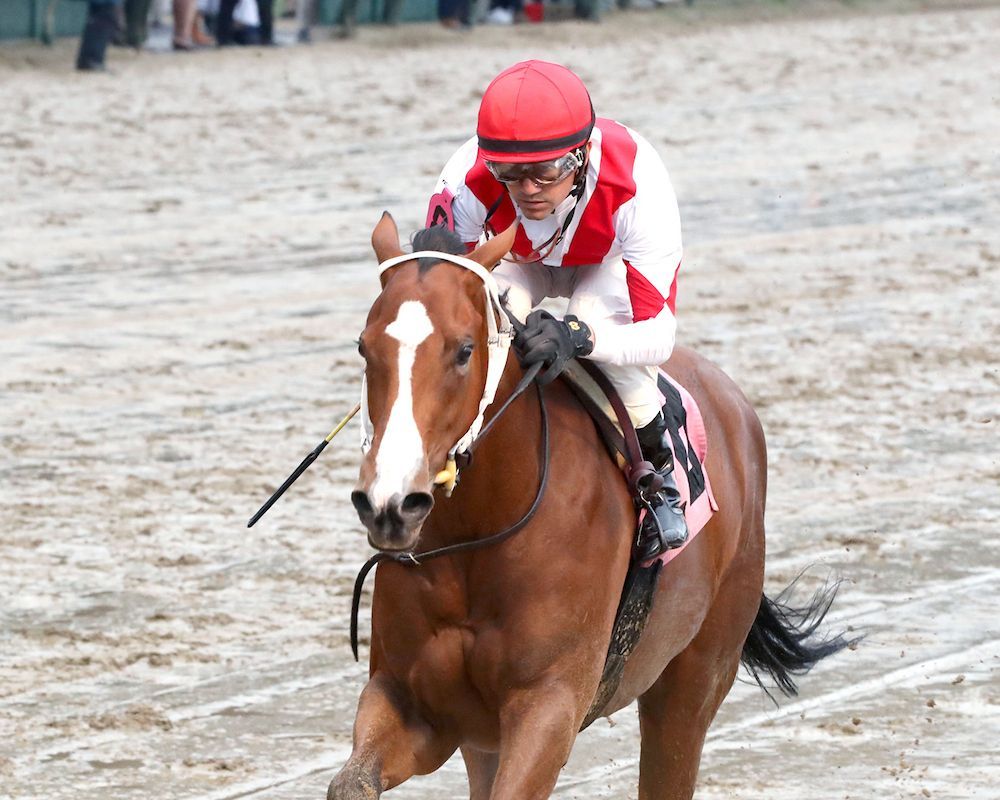 Two jockeys riding horses at high speed on a dirt racetrack.