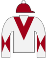 White jockey silks with a deep red chevron and red diamonds on each sleeve, accompanied by a matching red cap.