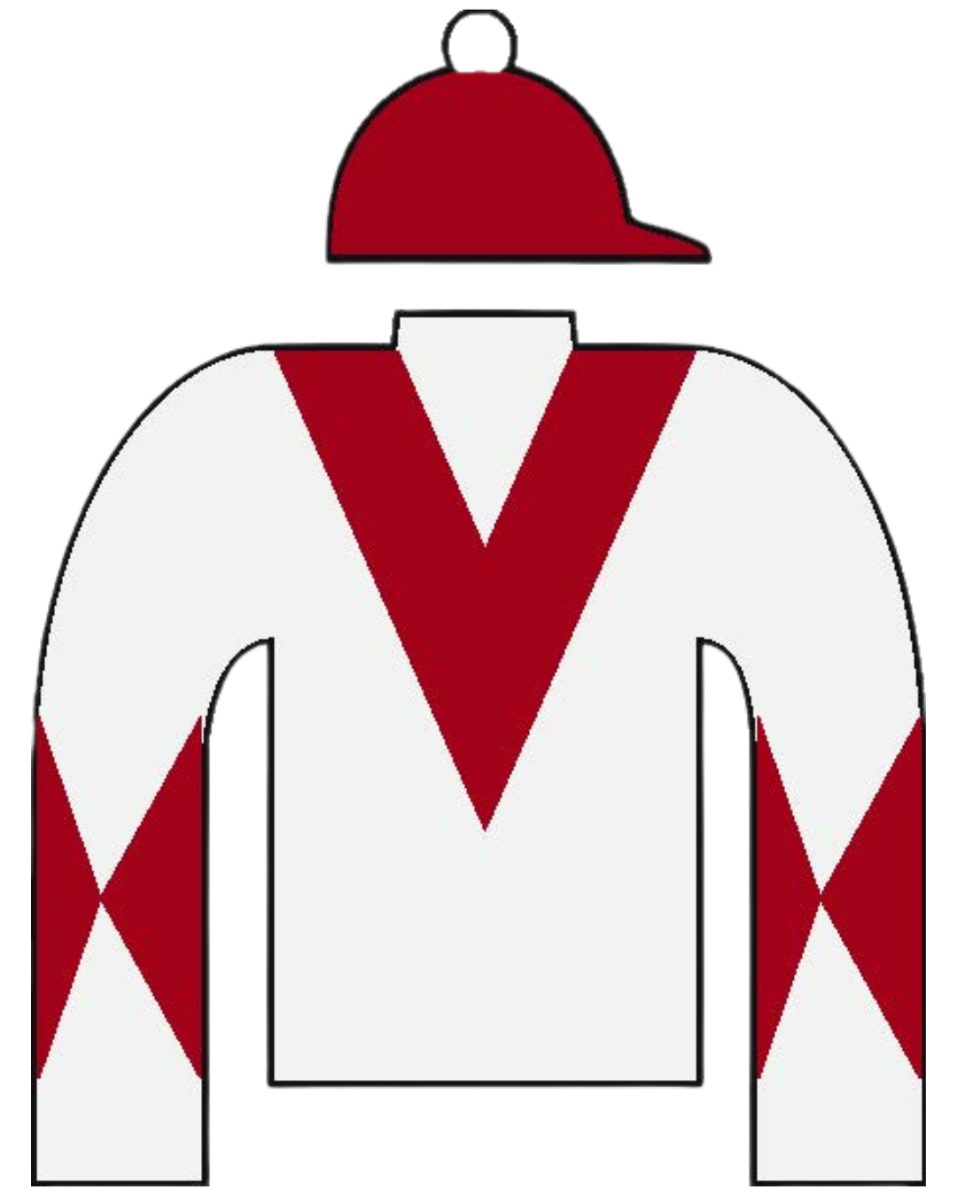 White jockey silks with a deep red chevron and red diamonds on each sleeve, accompanied by a matching red cap.