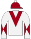 Horse racing silks: a white jacket with a red chevron and red diamonds on the sleeves, paired with a red cap.