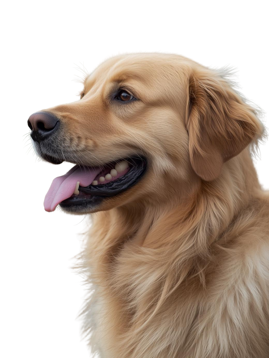 Golden Retriever dog, profile view, panting with tongue out, light brown fur against white background.