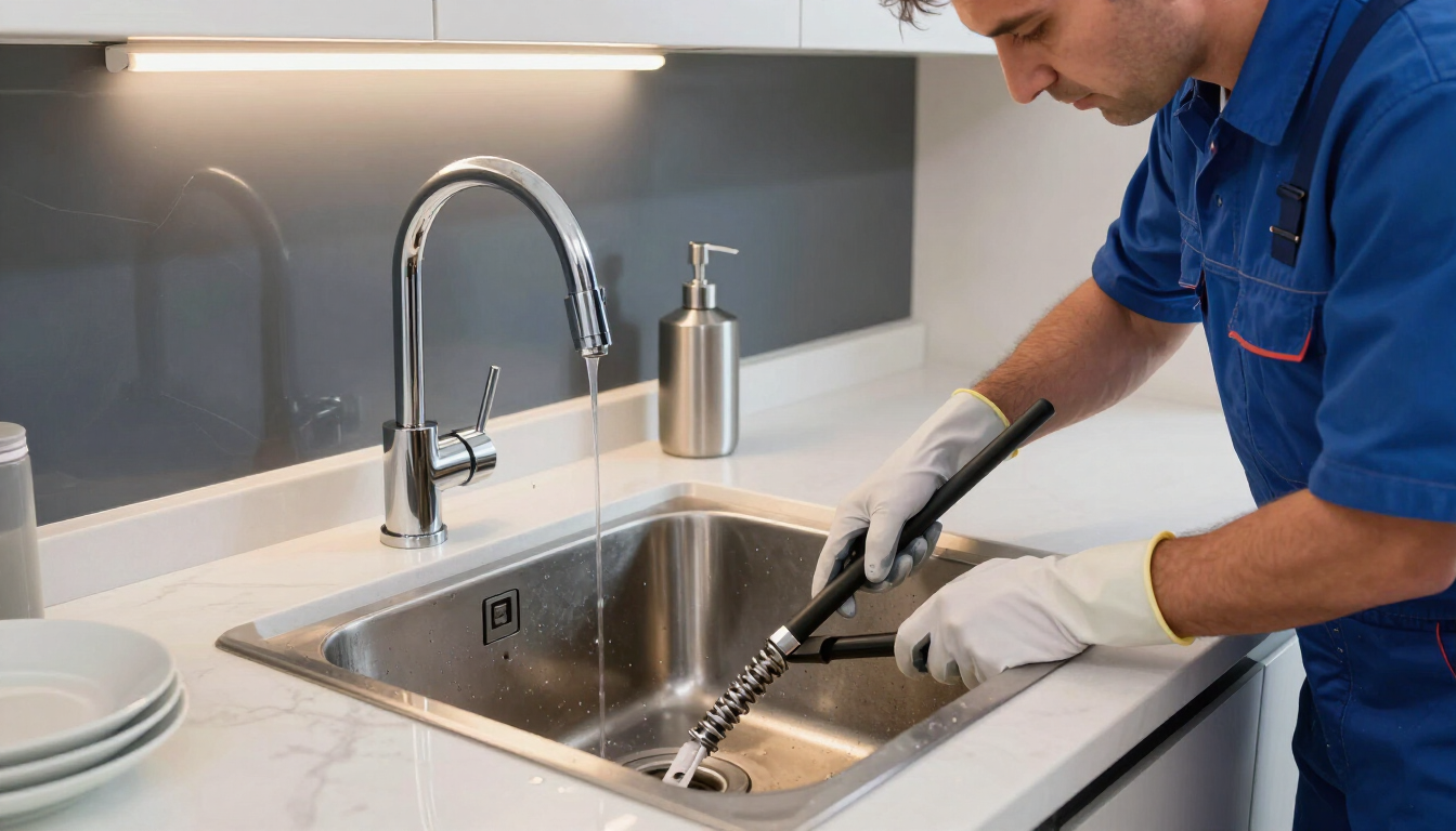Plumber repairing a kitchen sink drain with tools beside a stainless steel sink