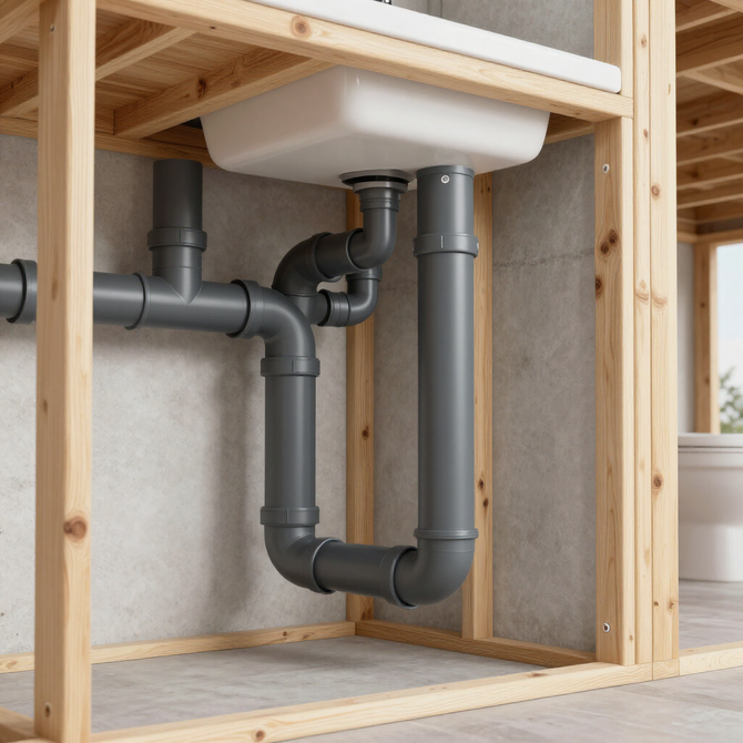 Under-sink plumbing with gray PVC pipes beneath a white bathroom sink in a framed wall cavity