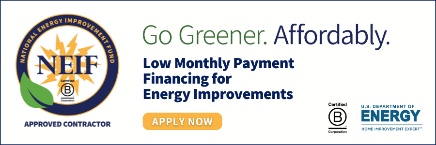 NEIF banner promoting low monthly payment financing for energy improvements with “Apply Now” button.