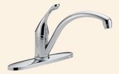 A close up of a chrome kitchen sink faucet on a white background.