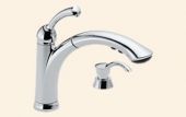 A close up of a chrome kitchen sink faucet on a white background.