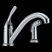 A kitchen sink faucet with a sprayer attached to it on a black background.