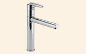 A close up of a bathroom sink faucet on a white background.