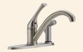 A close up of a stainless steel kitchen sink faucet on a white background.