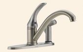 A stainless steel kitchen sink faucet on a white background.