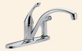 A close up of a chrome kitchen faucet on a white background.