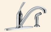 A kitchen sink faucet with a sprayer attached to it.