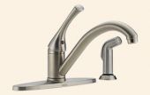A stainless steel kitchen sink faucet with a sprayer attached to it.