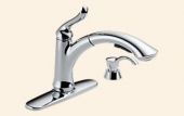 A chrome kitchen faucet with a pull out sprayer on a white background.