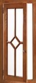 A wooden door with a stained glass design on it.