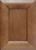 A close up of a wooden cabinet door with a square frame.
