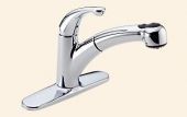 A chrome kitchen sink faucet with a pull out sprayer.