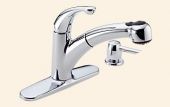 A chrome kitchen faucet with a pull out sprayer.