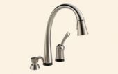A stainless steel kitchen faucet with a pull out sprayer on a white background.