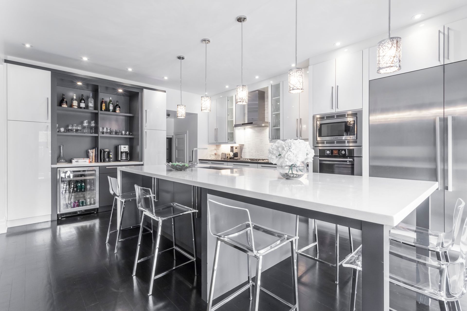 Contemporary White and Grey High Gloss Kitchen Design in Oakville