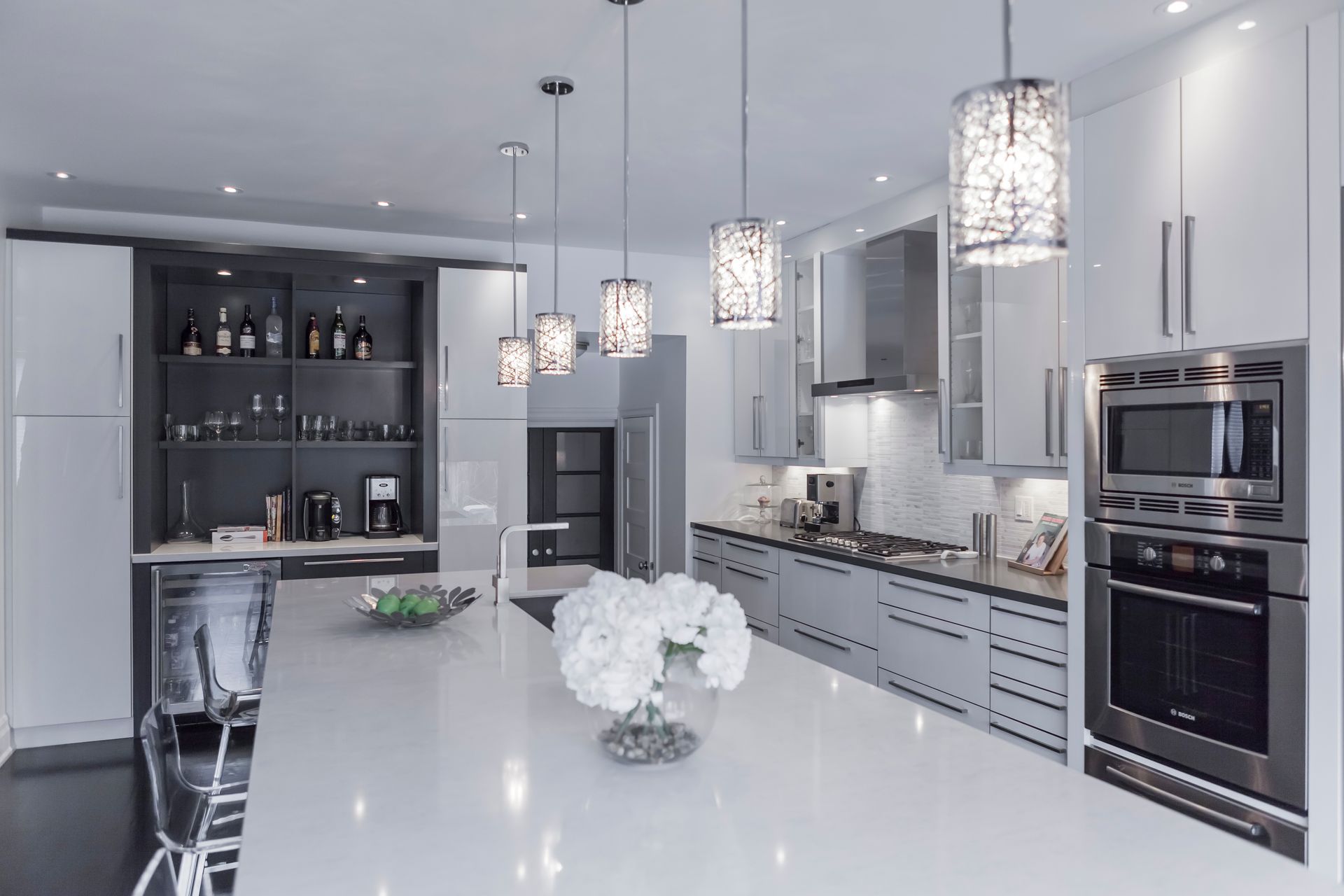 Contemporary White and Grey High Gloss Kitchen Design in Oakville