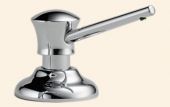 A close up of a chrome soap dispenser on a white background.
