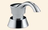 A close up of a chrome soap dispenser on a white background.