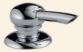 A close up of a chrome faucet handle on a white background.