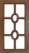 A wooden window with a stained glass design on a white background.