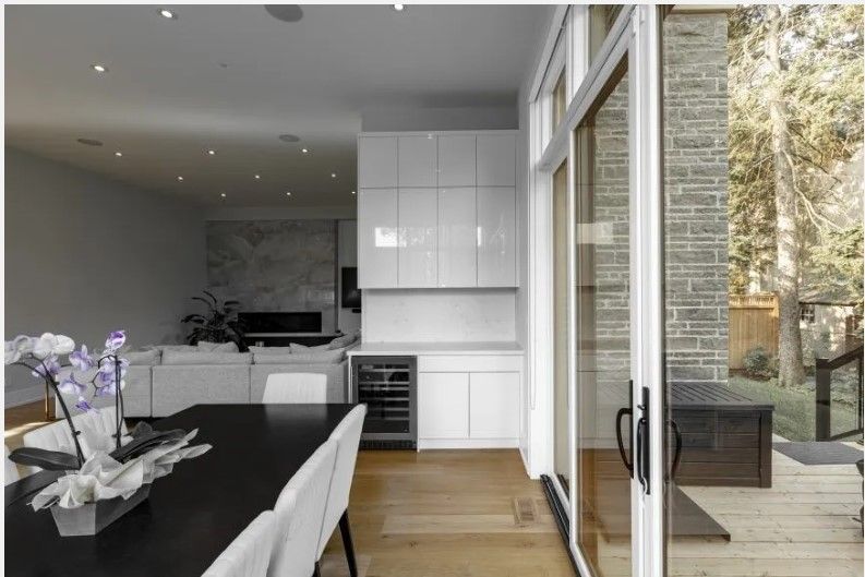 A kitchen with a large island and stools